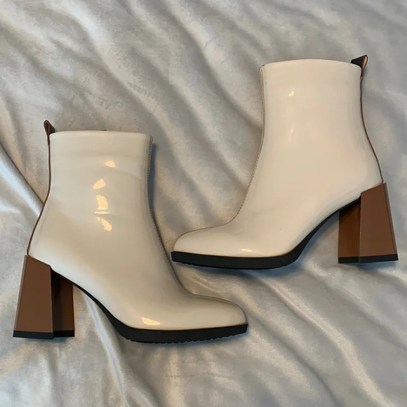 Azalea Wang size 7 ecru patent leather chunky brown heel boots disco side zip 7 - Picture 2 of 8